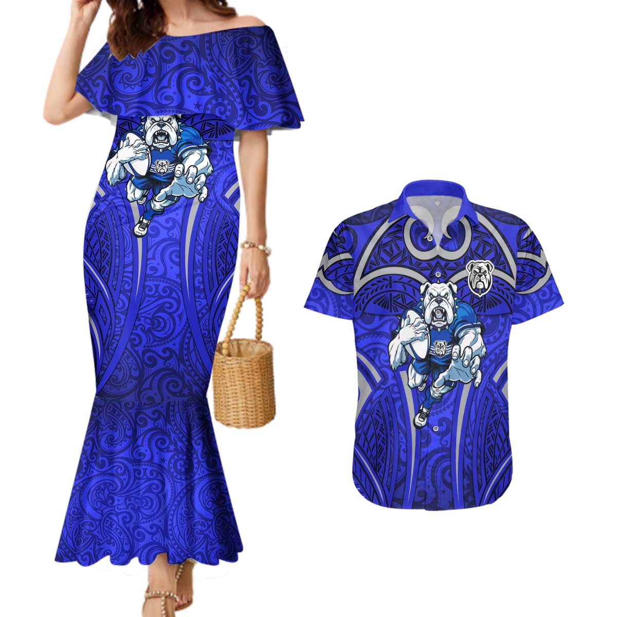Canterbury Bankstown Bulldogs Rugby Couples Matching Mermaid Dress and Hawaiian Shirt Polynesian Tribal Bulldog Warrior Blue Pattern