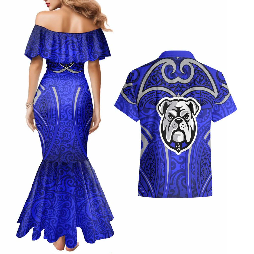 Canterbury Bankstown Bulldogs Rugby Couples Matching Mermaid Dress and Hawaiian Shirt Polynesian Tribal Bulldog Warrior Blue Pattern