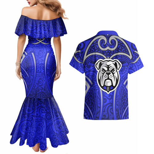 Canterbury Bankstown Bulldogs Rugby Couples Matching Mermaid Dress and Hawaiian Shirt Polynesian Tribal Bulldog Warrior Blue Pattern