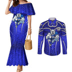 Canterbury Bankstown Bulldogs Rugby Couples Matching Mermaid Dress and Long Sleeve Button Shirt Polynesian Tribal Bulldog Warrior Blue Pattern