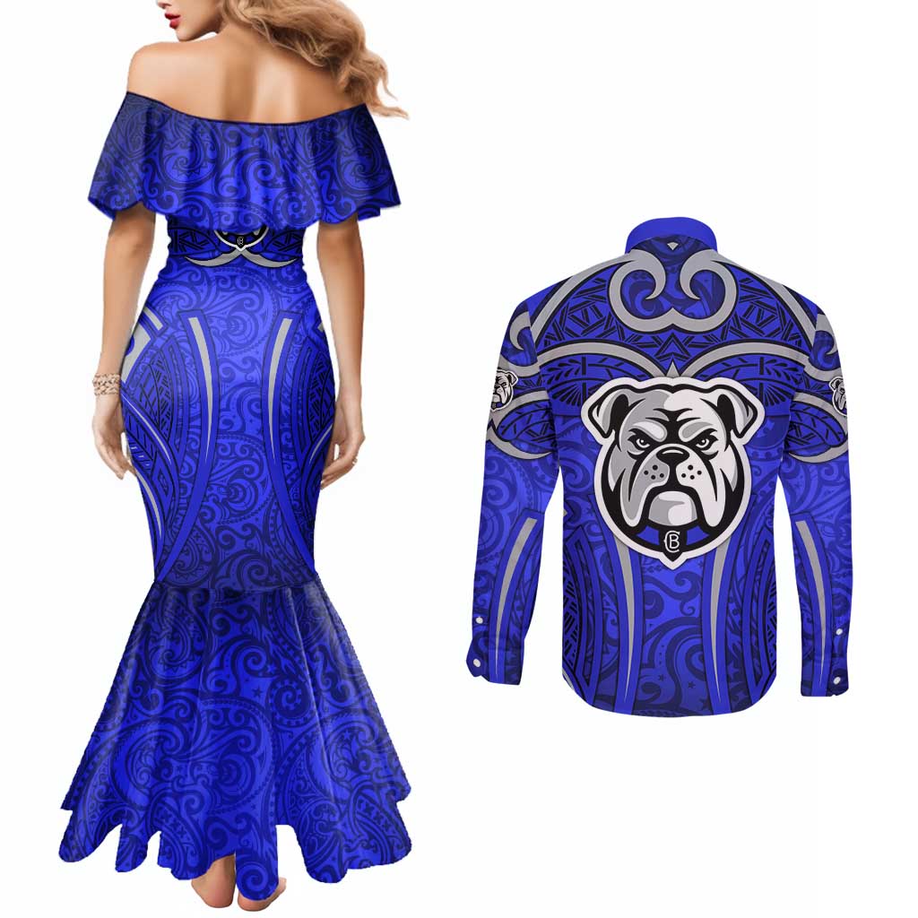 Canterbury Bankstown Bulldogs Rugby Couples Matching Mermaid Dress and Long Sleeve Button Shirt Polynesian Tribal Bulldog Warrior Blue Pattern