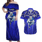 Canterbury Bankstown Bulldogs Rugby Couples Matching Off Shoulder Maxi Dress and Hawaiian Shirt Polynesian Tribal Bulldog Warrior Blue Pattern