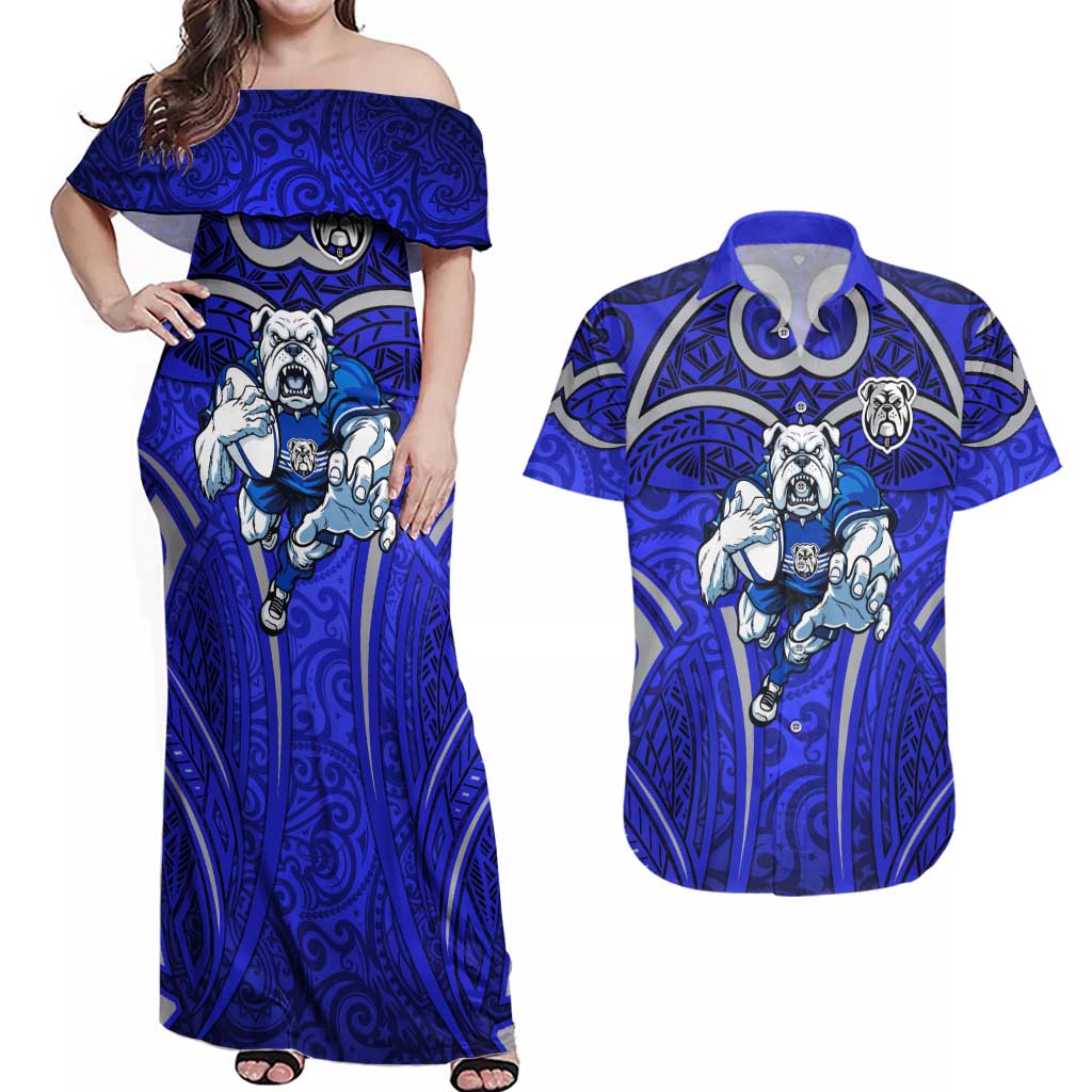 Canterbury Bankstown Bulldogs Rugby Couples Matching Off Shoulder Maxi Dress and Hawaiian Shirt Polynesian Tribal Bulldog Warrior Blue Pattern