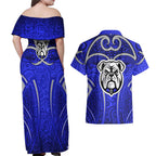 Canterbury Bankstown Bulldogs Rugby Couples Matching Off Shoulder Maxi Dress and Hawaiian Shirt Polynesian Tribal Bulldog Warrior Blue Pattern