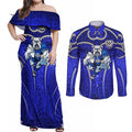 Canterbury Bankstown Bulldogs Rugby Couples Matching Off Shoulder Maxi Dress and Long Sleeve Button Shirt Polynesian Tribal Bulldog Warrior Blue Pattern