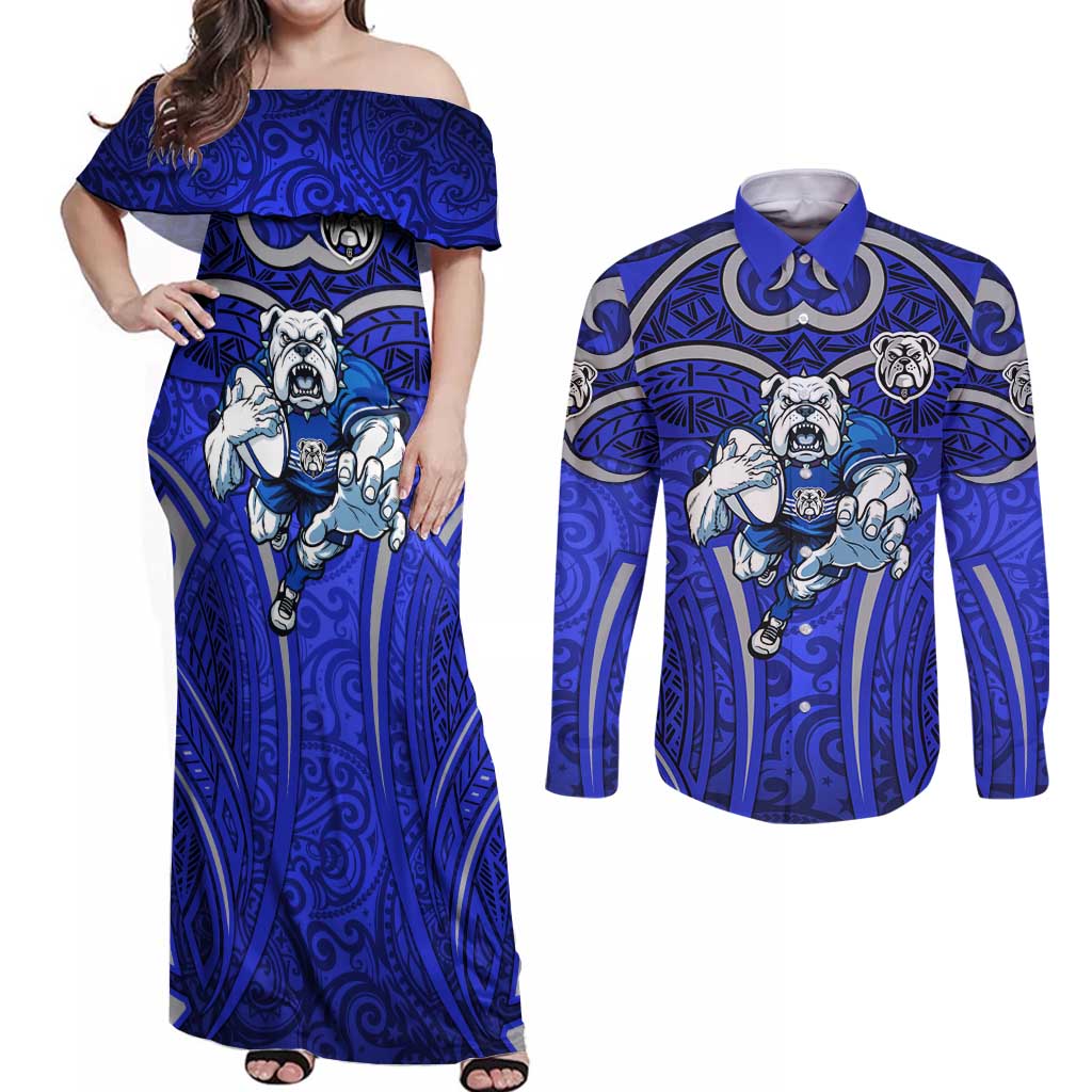 Canterbury Bankstown Bulldogs Rugby Couples Matching Off Shoulder Maxi Dress and Long Sleeve Button Shirt Polynesian Tribal Bulldog Warrior Blue Pattern