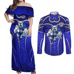 Canterbury Bankstown Bulldogs Rugby Couples Matching Off Shoulder Maxi Dress and Long Sleeve Button Shirt Polynesian Tribal Bulldog Warrior Blue Pattern
