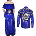 Canterbury Bankstown Bulldogs Rugby Couples Matching Off Shoulder Maxi Dress and Long Sleeve Button Shirt Polynesian Tribal Bulldog Warrior Blue Pattern