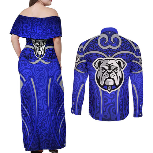 Canterbury Bankstown Bulldogs Rugby Couples Matching Off Shoulder Maxi Dress and Long Sleeve Button Shirt Polynesian Tribal Bulldog Warrior Blue Pattern
