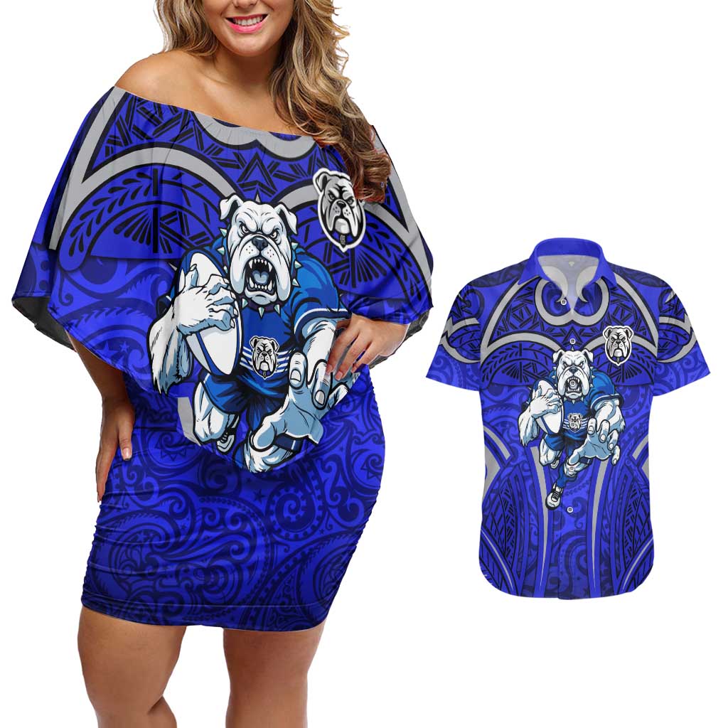 Canterbury Bankstown Bulldogs Rugby Couples Matching Off Shoulder Short Dress and Hawaiian Shirt Polynesian Tribal Bulldog Warrior Blue Pattern