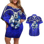 Canterbury Bankstown Bulldogs Rugby Couples Matching Off Shoulder Short Dress and Hawaiian Shirt Polynesian Tribal Bulldog Warrior Blue Pattern