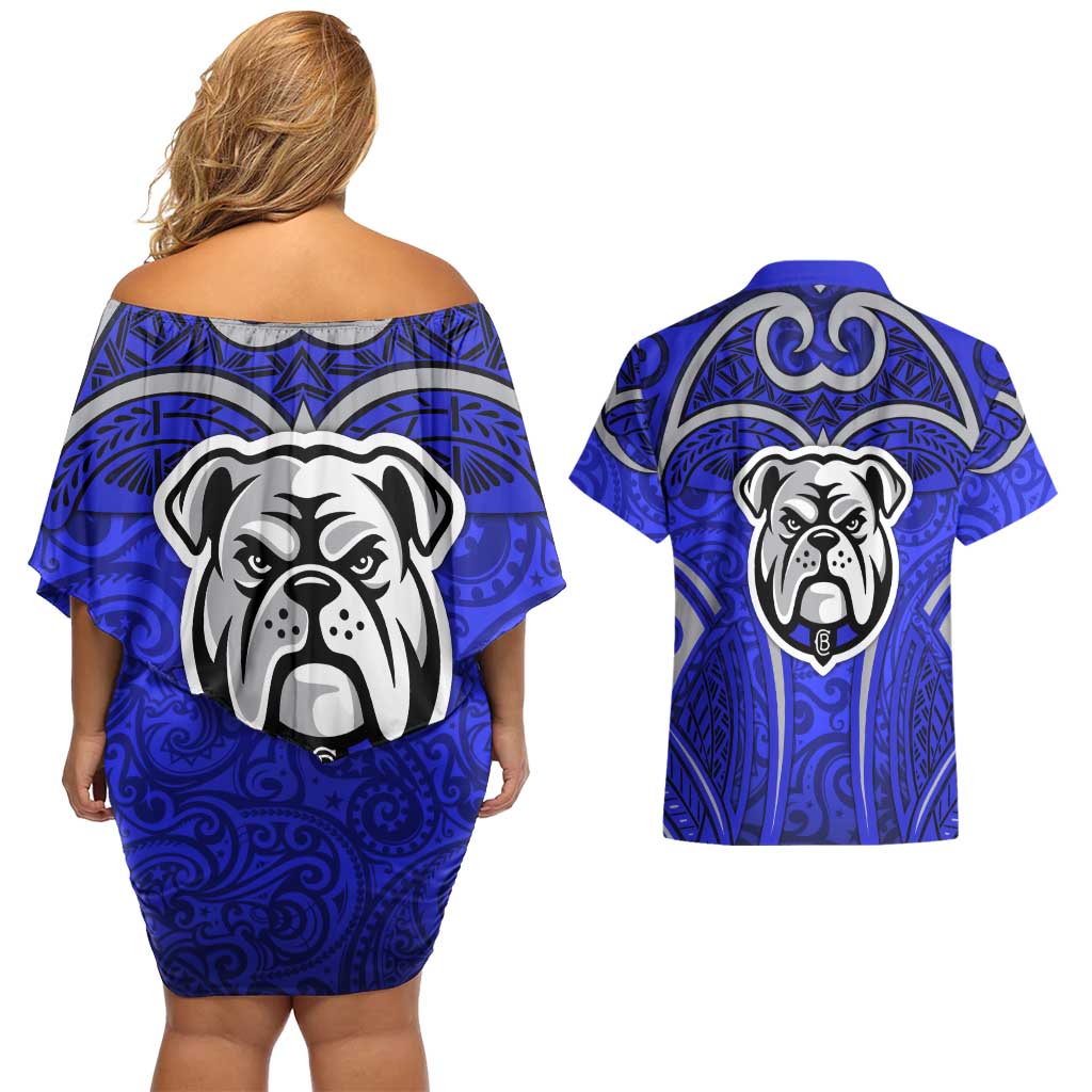 Canterbury Bankstown Bulldogs Rugby Couples Matching Off Shoulder Short Dress and Hawaiian Shirt Polynesian Tribal Bulldog Warrior Blue Pattern