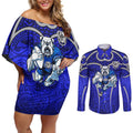 Canterbury Bankstown Bulldogs Rugby Couples Matching Off Shoulder Short Dress and Long Sleeve Button Shirt Polynesian Tribal Bulldog Warrior Blue Pattern