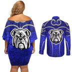 Canterbury Bankstown Bulldogs Rugby Couples Matching Off Shoulder Short Dress and Long Sleeve Button Shirt Polynesian Tribal Bulldog Warrior Blue Pattern