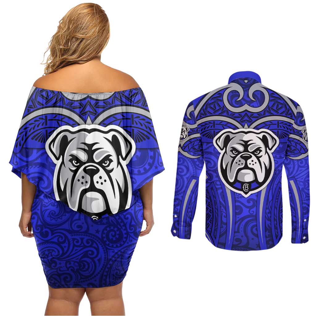 Canterbury Bankstown Bulldogs Rugby Couples Matching Off Shoulder Short Dress and Long Sleeve Button Shirt Polynesian Tribal Bulldog Warrior Blue Pattern