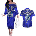 Canterbury Bankstown Bulldogs Rugby Couples Matching Off The Shoulder Long Sleeve Dress and Hawaiian Shirt Polynesian Tribal Bulldog Warrior Blue Pattern