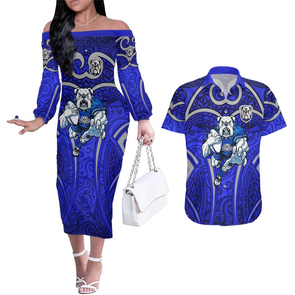 Canterbury Bankstown Bulldogs Rugby Couples Matching Off The Shoulder Long Sleeve Dress and Hawaiian Shirt Polynesian Tribal Bulldog Warrior Blue Pattern