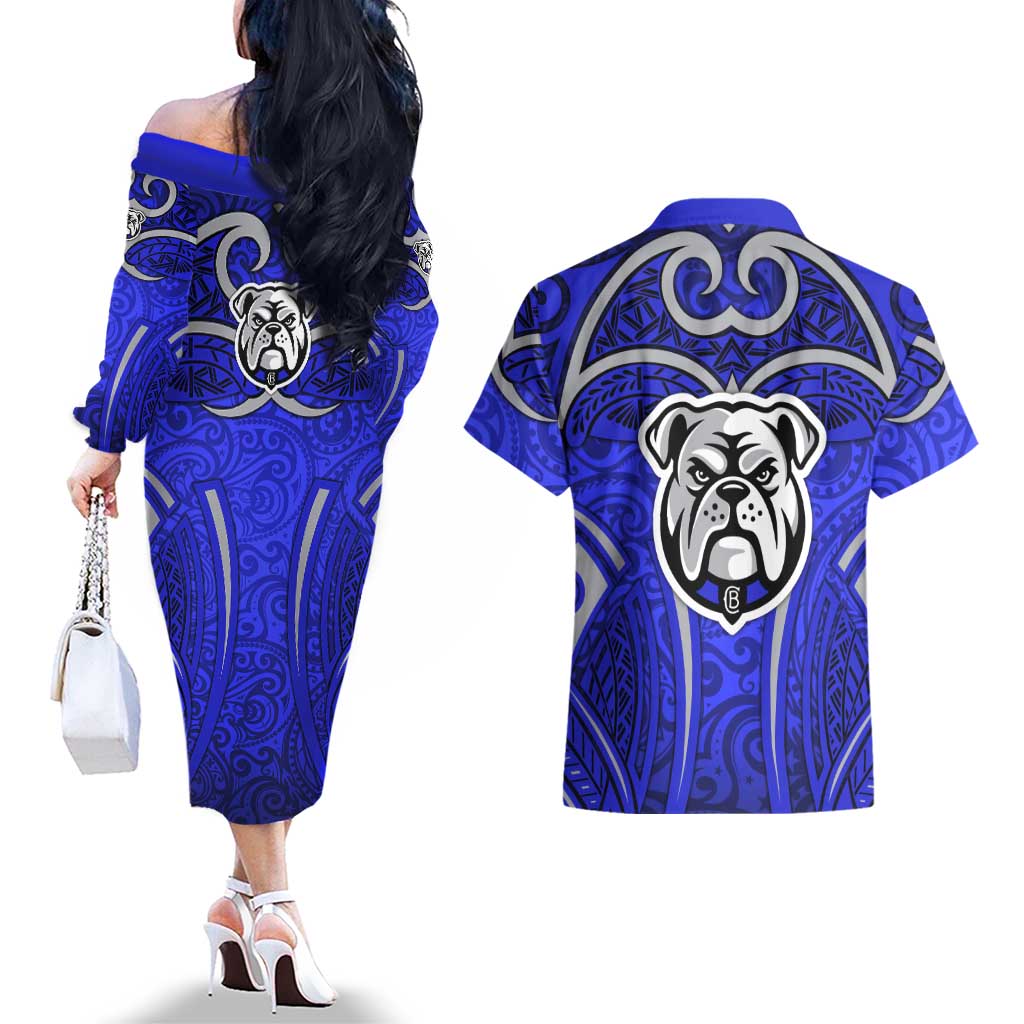 Canterbury Bankstown Bulldogs Rugby Couples Matching Off The Shoulder Long Sleeve Dress and Hawaiian Shirt Polynesian Tribal Bulldog Warrior Blue Pattern