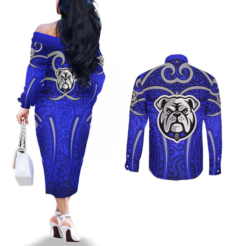 Canterbury Bankstown Bulldogs Rugby Couples Matching Off The Shoulder Long Sleeve Dress and Long Sleeve Button Shirt Polynesian Tribal Bulldog Warrior Blue Pattern