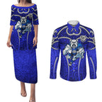 Canterbury Bankstown Bulldogs Rugby Couples Matching Puletasi and Long Sleeve Button Shirt Polynesian Tribal Bulldog Warrior Blue Pattern