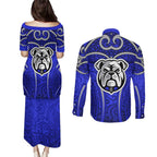 Canterbury Bankstown Bulldogs Rugby Couples Matching Puletasi and Long Sleeve Button Shirt Polynesian Tribal Bulldog Warrior Blue Pattern