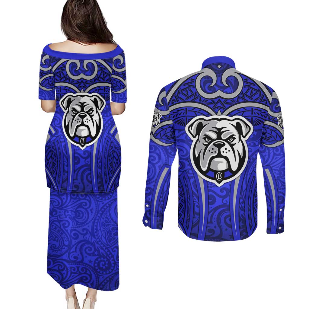 Canterbury Bankstown Bulldogs Rugby Couples Matching Puletasi and Long Sleeve Button Shirt Polynesian Tribal Bulldog Warrior Blue Pattern