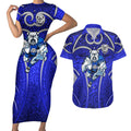 Canterbury Bankstown Bulldogs Rugby Couples Matching Short Sleeve Bodycon Dress and Hawaiian Shirt Polynesian Tribal Bulldog Warrior Blue Pattern