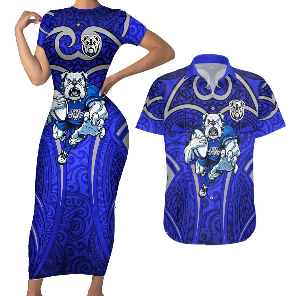 Canterbury Bankstown Bulldogs Rugby Couples Matching Short Sleeve Bodycon Dress and Hawaiian Shirt Polynesian Tribal Bulldog Warrior Blue Pattern