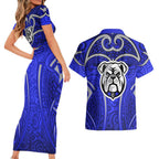 Canterbury Bankstown Bulldogs Rugby Couples Matching Short Sleeve Bodycon Dress and Hawaiian Shirt Polynesian Tribal Bulldog Warrior Blue Pattern