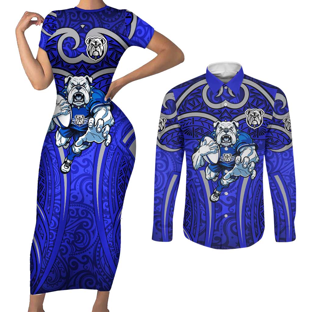 Canterbury Bankstown Bulldogs Rugby Couples Matching Short Sleeve Bodycon Dress and Long Sleeve Button Shirt Polynesian Tribal Bulldog Warrior Blue Pattern