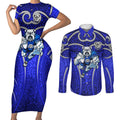 Canterbury Bankstown Bulldogs Rugby Couples Matching Short Sleeve Bodycon Dress and Long Sleeve Button Shirt Polynesian Tribal Bulldog Warrior Blue Pattern
