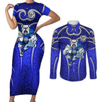 Canterbury Bankstown Bulldogs Rugby Couples Matching Short Sleeve Bodycon Dress and Long Sleeve Button Shirt Polynesian Tribal Bulldog Warrior Blue Pattern