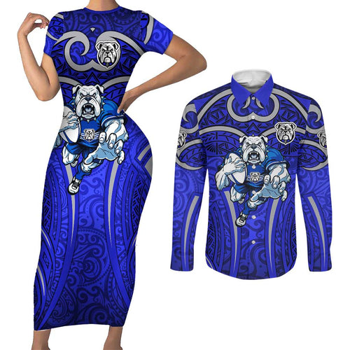 Canterbury Bankstown Bulldogs Rugby Couples Matching Short Sleeve Bodycon Dress and Long Sleeve Button Shirt Polynesian Tribal Bulldog Warrior Blue Pattern