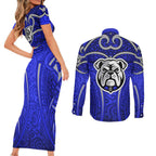 Canterbury Bankstown Bulldogs Rugby Couples Matching Short Sleeve Bodycon Dress and Long Sleeve Button Shirt Polynesian Tribal Bulldog Warrior Blue Pattern