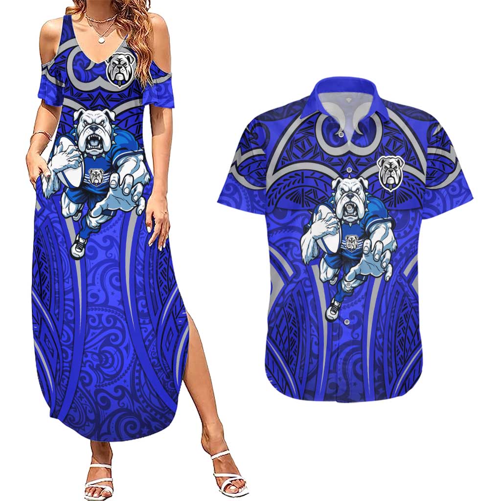Canterbury Bankstown Bulldogs Rugby Couples Matching Summer Maxi Dress and Hawaiian Shirt Polynesian Tribal Bulldog Warrior Blue Pattern