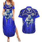 Canterbury Bankstown Bulldogs Rugby Couples Matching Summer Maxi Dress and Hawaiian Shirt Polynesian Tribal Bulldog Warrior Blue Pattern