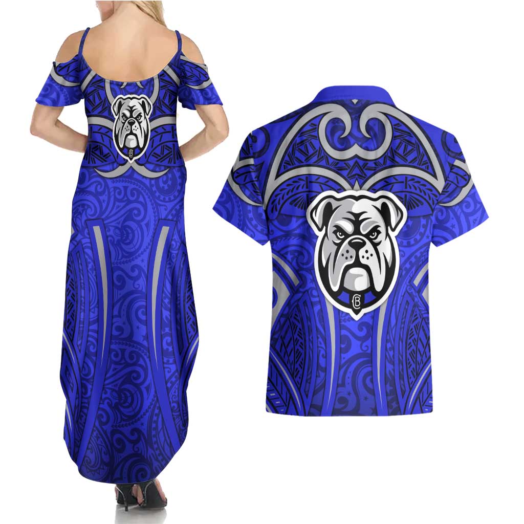 Canterbury Bankstown Bulldogs Rugby Couples Matching Summer Maxi Dress and Hawaiian Shirt Polynesian Tribal Bulldog Warrior Blue Pattern