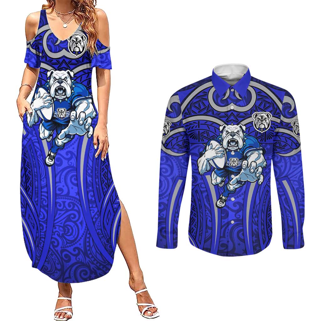 Canterbury Bankstown Bulldogs Rugby Couples Matching Summer Maxi Dress and Long Sleeve Button Shirt Polynesian Tribal Bulldog Warrior Blue Pattern