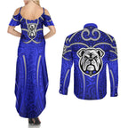 Canterbury Bankstown Bulldogs Rugby Couples Matching Summer Maxi Dress and Long Sleeve Button Shirt Polynesian Tribal Bulldog Warrior Blue Pattern