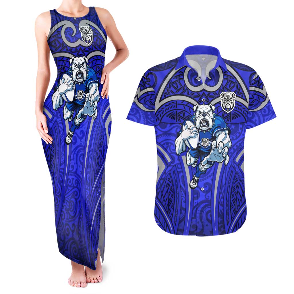 Canterbury Bankstown Bulldogs Rugby Couples Matching Tank Maxi Dress and Hawaiian Shirt Polynesian Tribal Bulldog Warrior Blue Pattern