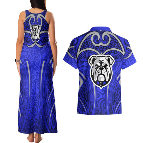 Canterbury Bankstown Bulldogs Rugby Couples Matching Tank Maxi Dress and Hawaiian Shirt Polynesian Tribal Bulldog Warrior Blue Pattern