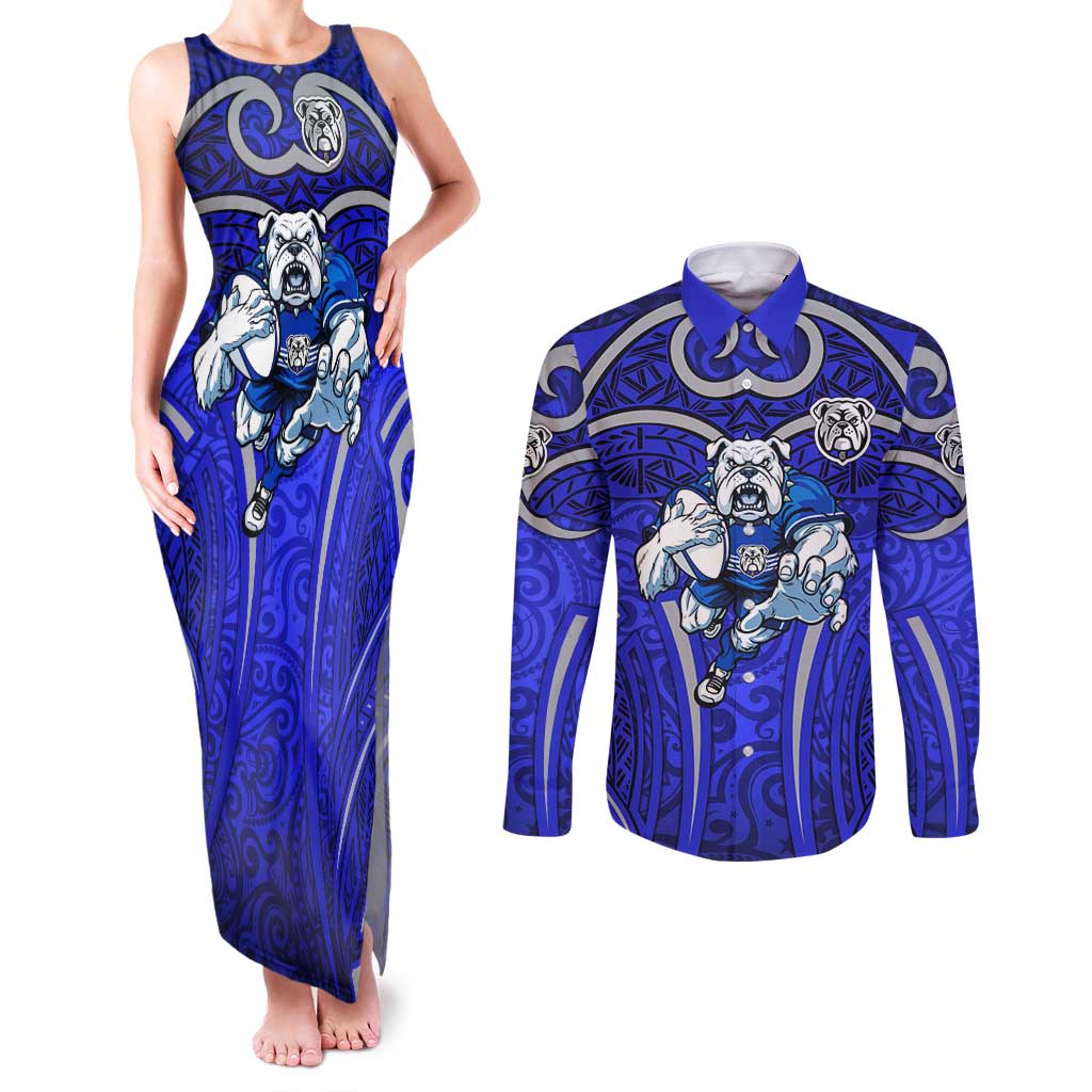 Canterbury Bankstown Bulldogs Rugby Couples Matching Tank Maxi Dress and Long Sleeve Button Shirt Polynesian Tribal Bulldog Warrior Blue Pattern