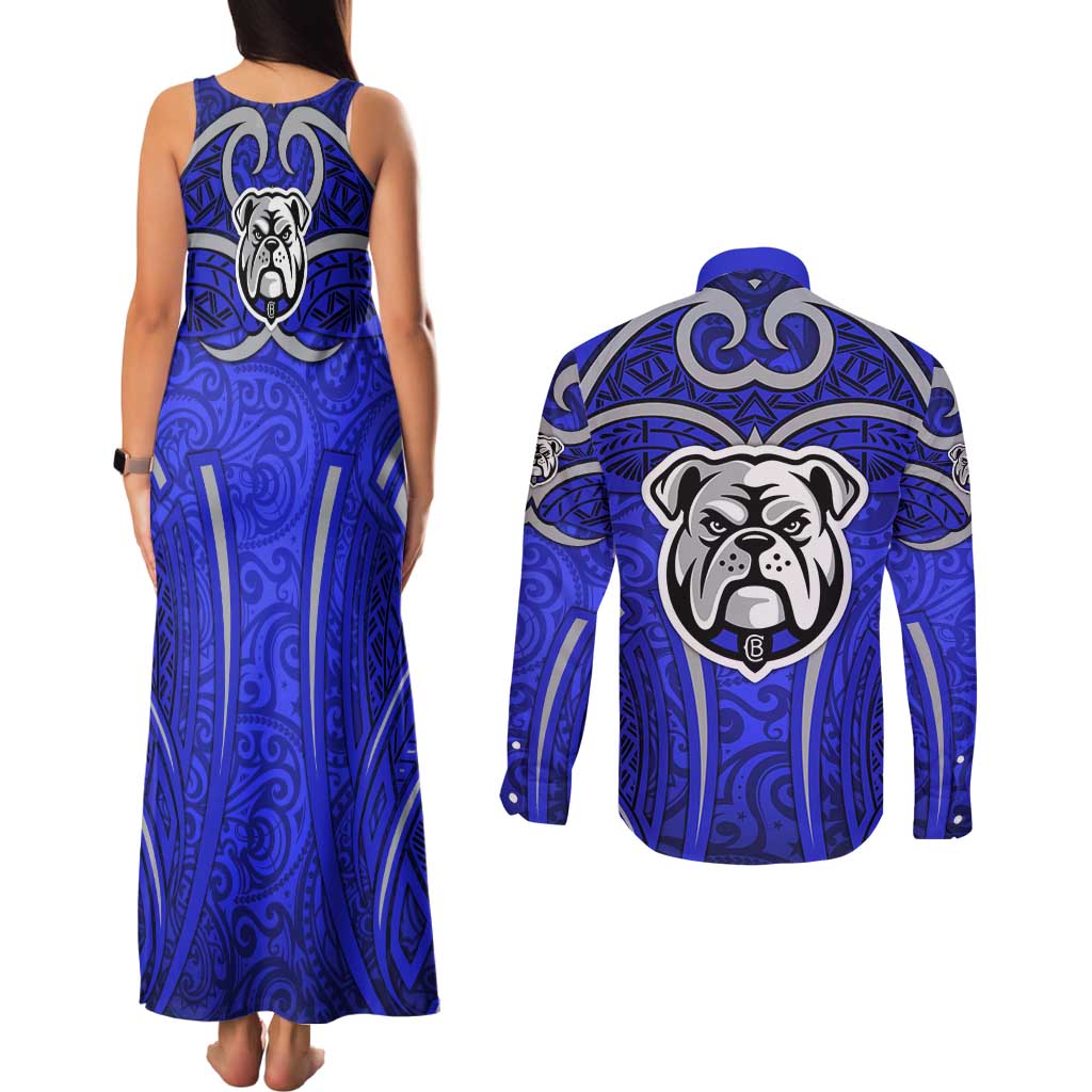 Canterbury Bankstown Bulldogs Rugby Couples Matching Tank Maxi Dress and Long Sleeve Button Shirt Polynesian Tribal Bulldog Warrior Blue Pattern