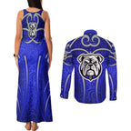 Canterbury Bankstown Bulldogs Rugby Couples Matching Tank Maxi Dress and Long Sleeve Button Shirt Polynesian Tribal Bulldog Warrior Blue Pattern