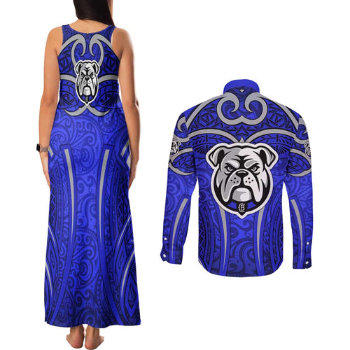Canterbury Bankstown Bulldogs Rugby Couples Matching Tank Maxi Dress and Long Sleeve Button Shirt Polynesian Tribal Bulldog Warrior Blue Pattern