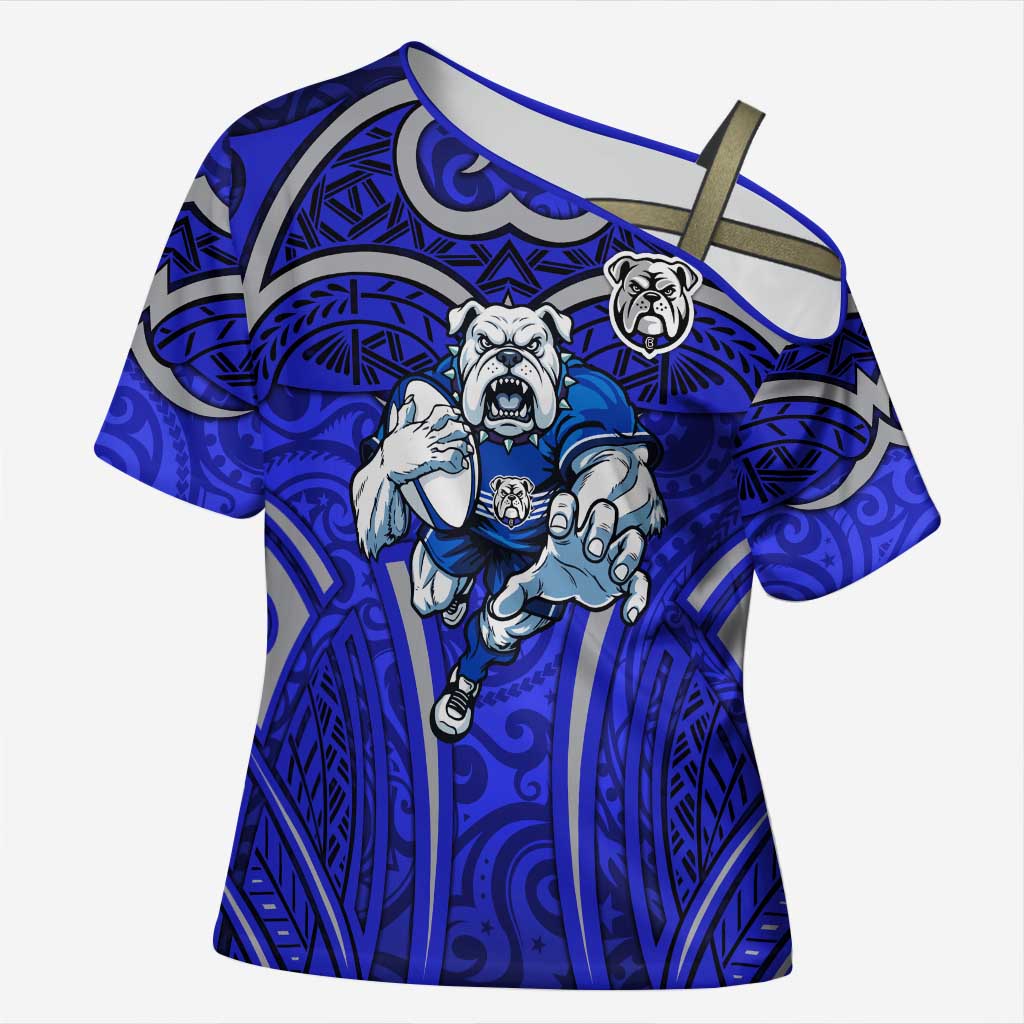 Canterbury Bankstown Bulldogs Rugby Cross Shoulder Shirt Polynesian Tribal Bulldog Warrior Blue Pattern