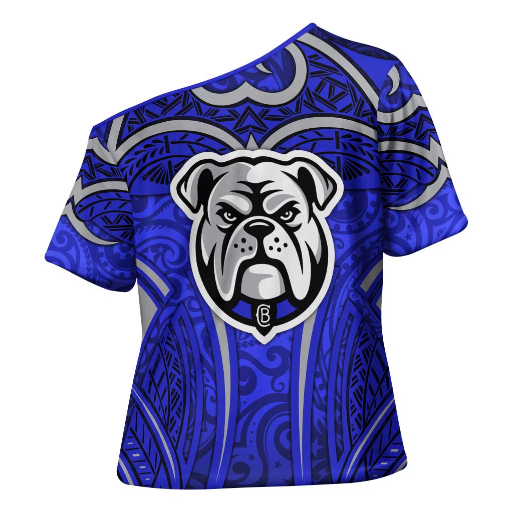 Canterbury Bankstown Bulldogs Rugby Cross Shoulder Shirt Polynesian Tribal Bulldog Warrior Blue Pattern