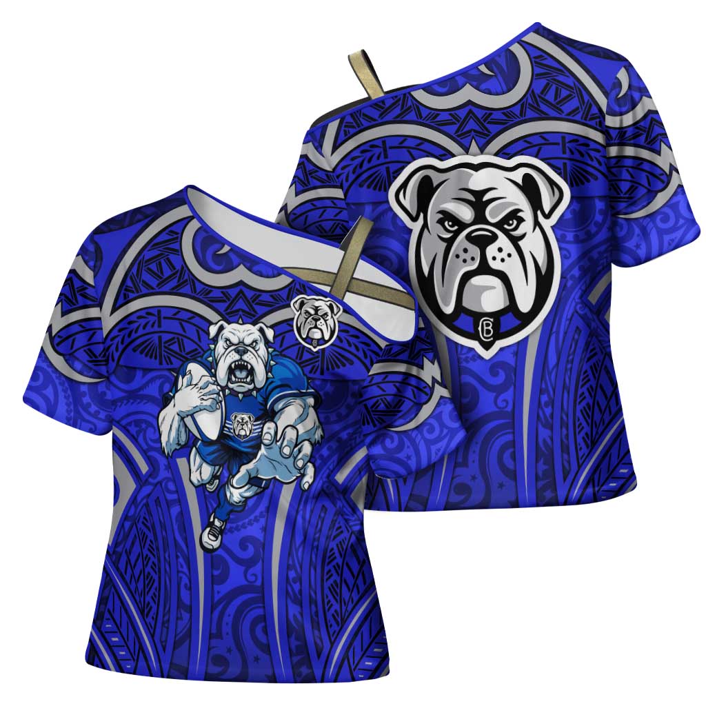 Canterbury Bankstown Bulldogs Rugby Cross Shoulder Shirt Polynesian Tribal Bulldog Warrior Blue Pattern