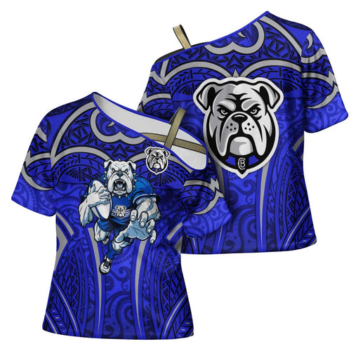 Canterbury Bankstown Bulldogs Rugby Cross Shoulder Shirt Polynesian Tribal Bulldog Warrior Blue Pattern