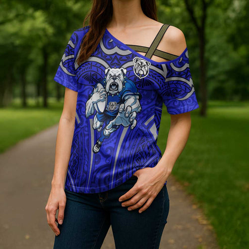 Canterbury Bankstown Bulldogs Rugby Cross Shoulder Shirt Polynesian Tribal Bulldog Warrior Blue Pattern